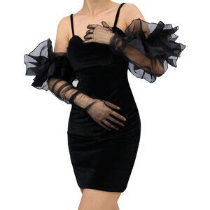 Women's Ruffle Black Tulle Puff Mesh Sheer Long Sleeve Gloves Cocktail Prom